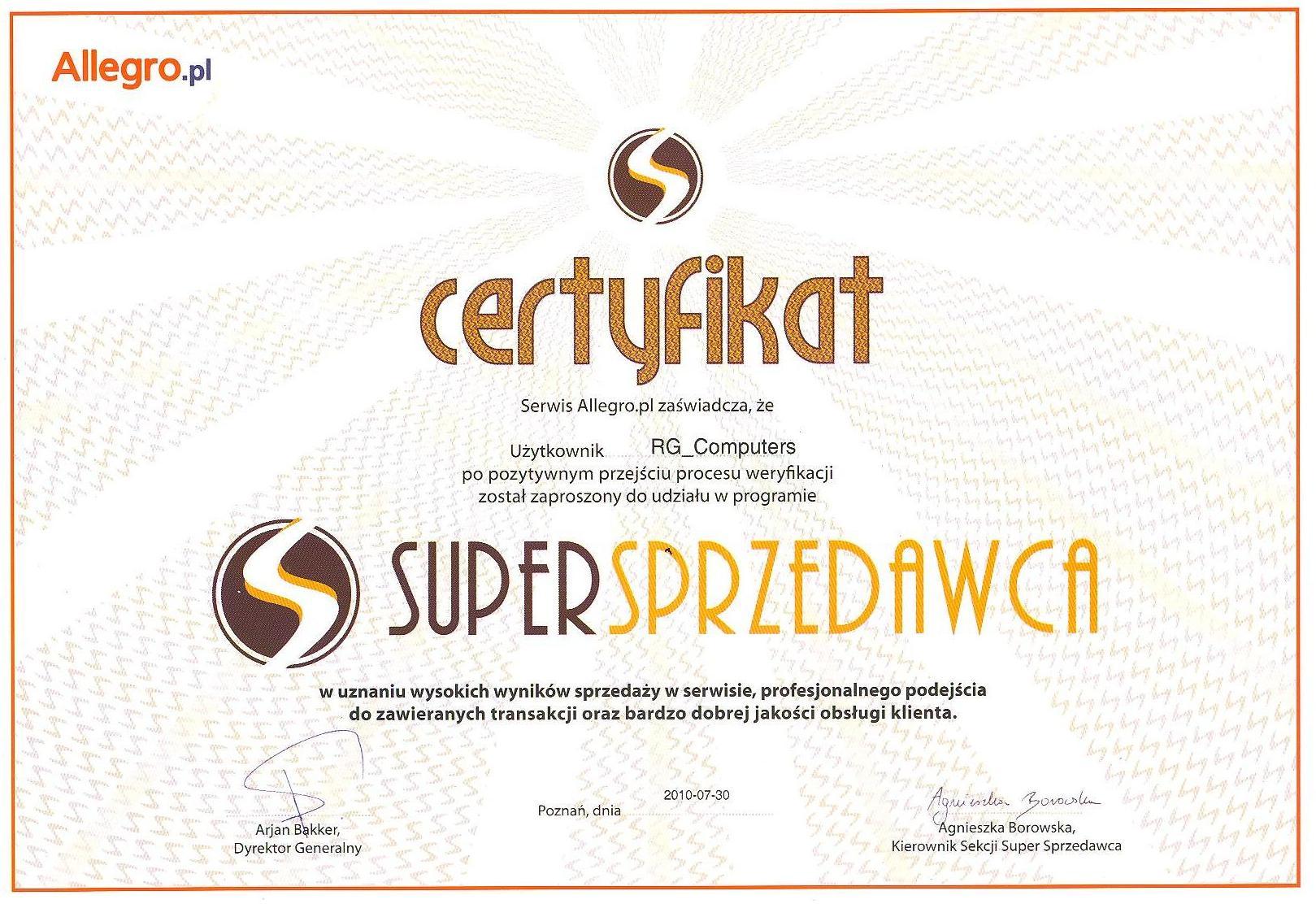 Certyfikat Super Sprzedawcy